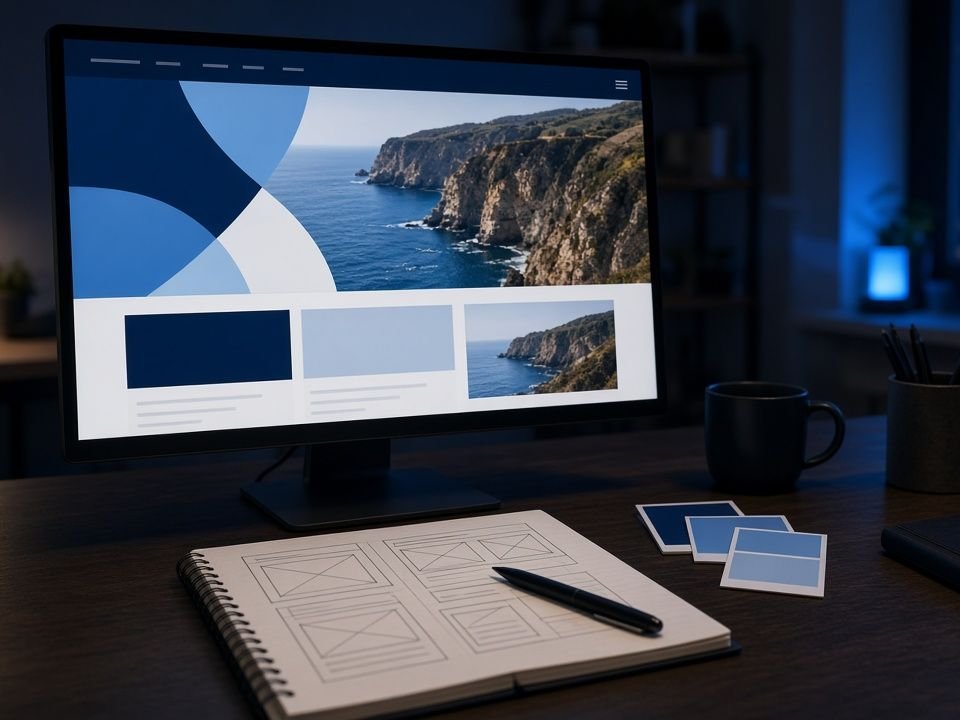 Designer's desk with a website layout on screen, color swatches, and wireframe sketches