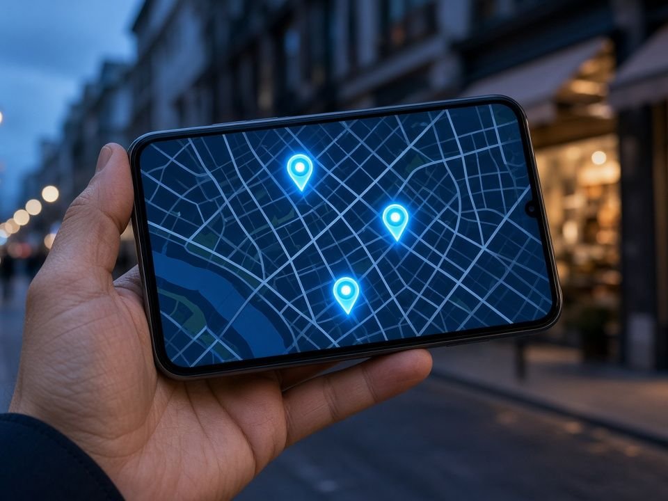 Phone showing a local map with location pins on a shopping street