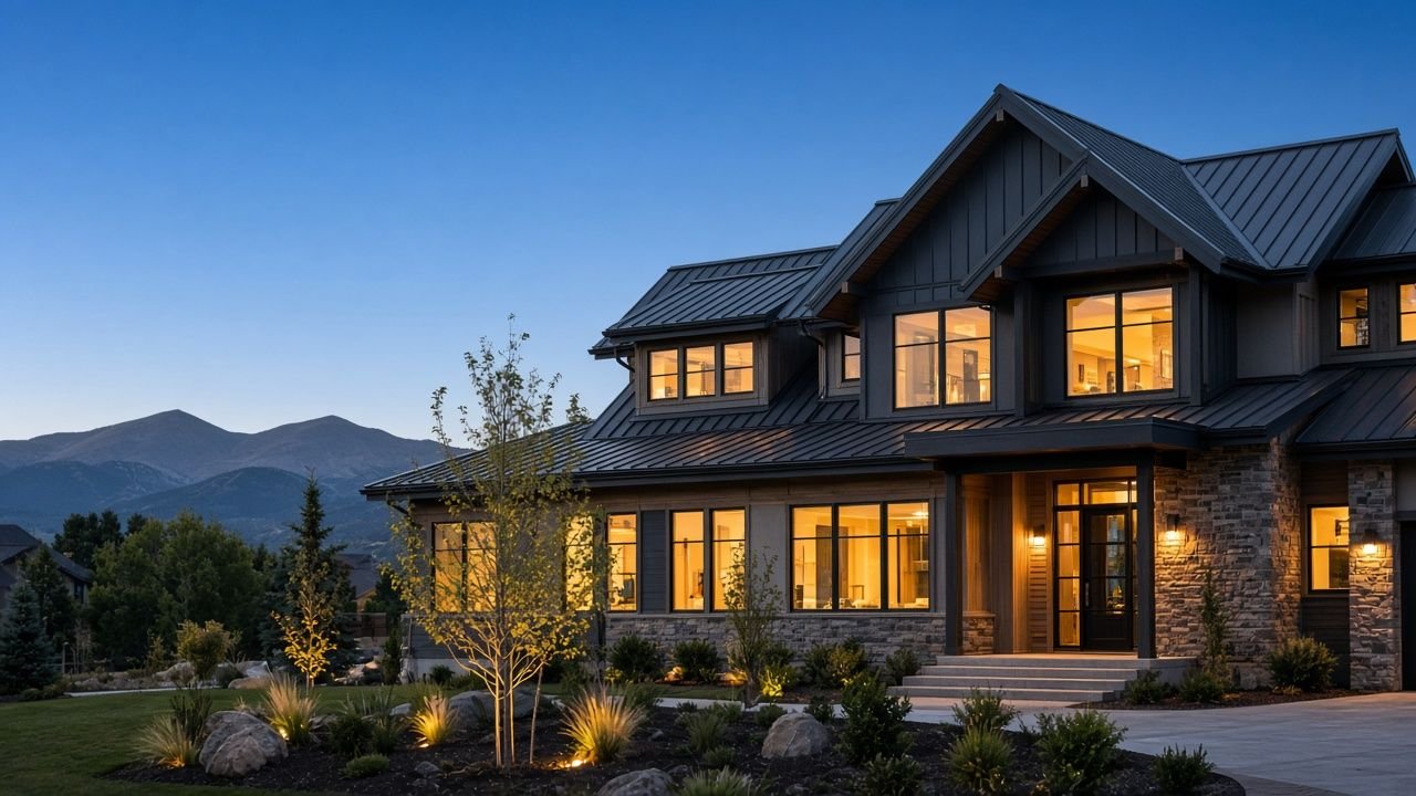 Illustration of a modern two-story home with a dark standing-seam metal roof at blue hour, mountains in the distance