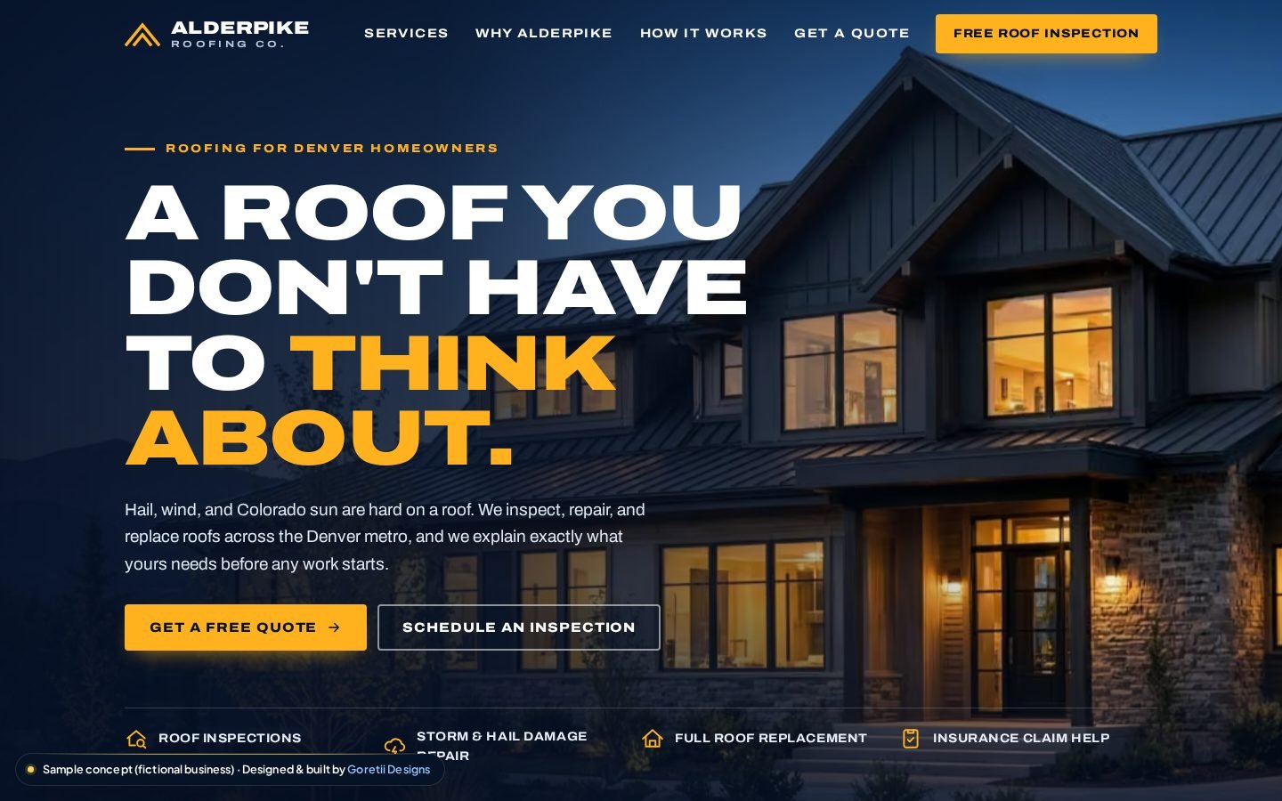 Homepage of Alderpike Roofing Co., a fictional roofing company, sample concept by Goretii Designs