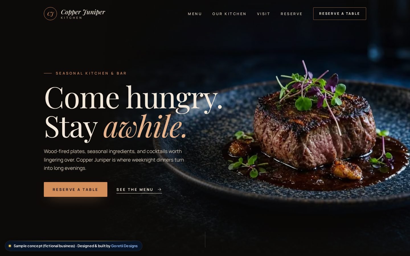Homepage of Copper Juniper Kitchen, a fictional restaurant, sample concept by Goretii Designs