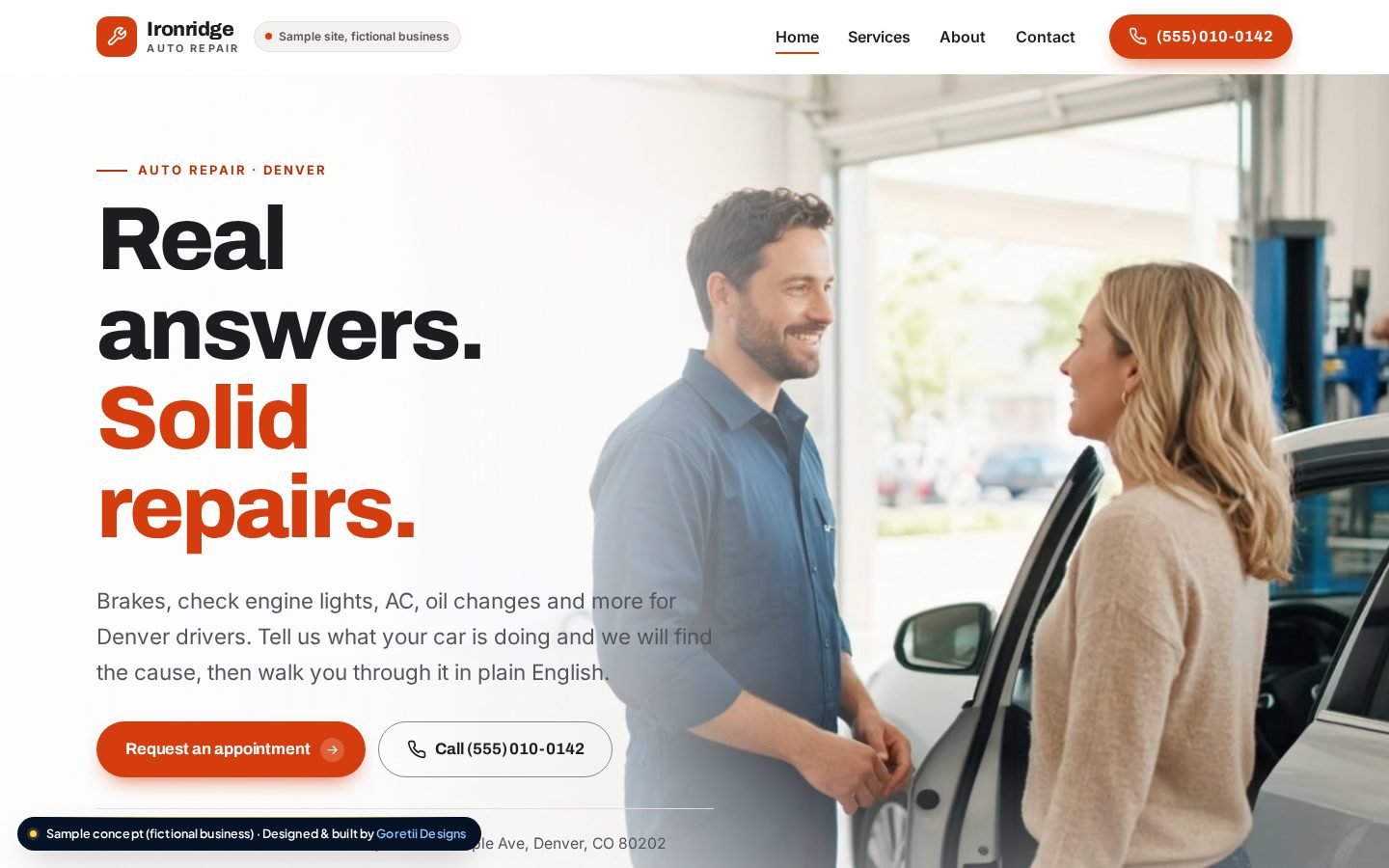 Homepage of Ironridge Auto Repair, a fictional auto repair shop, sample concept by Goretii Designs