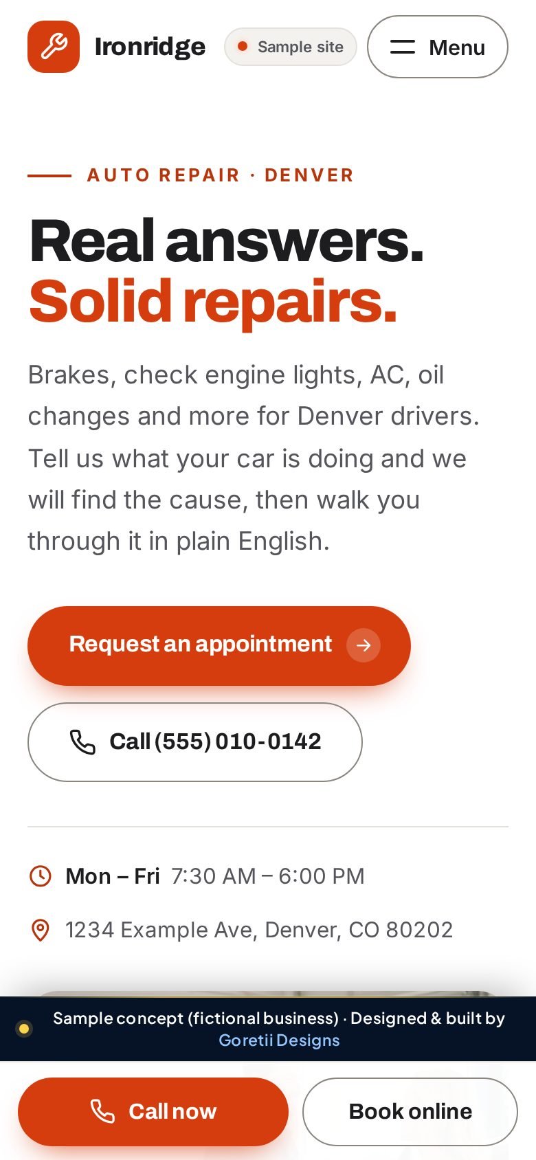 Mobile homepage of Ironridge Auto Repair, a fictional auto repair shop, sample concept by Goretii Designs