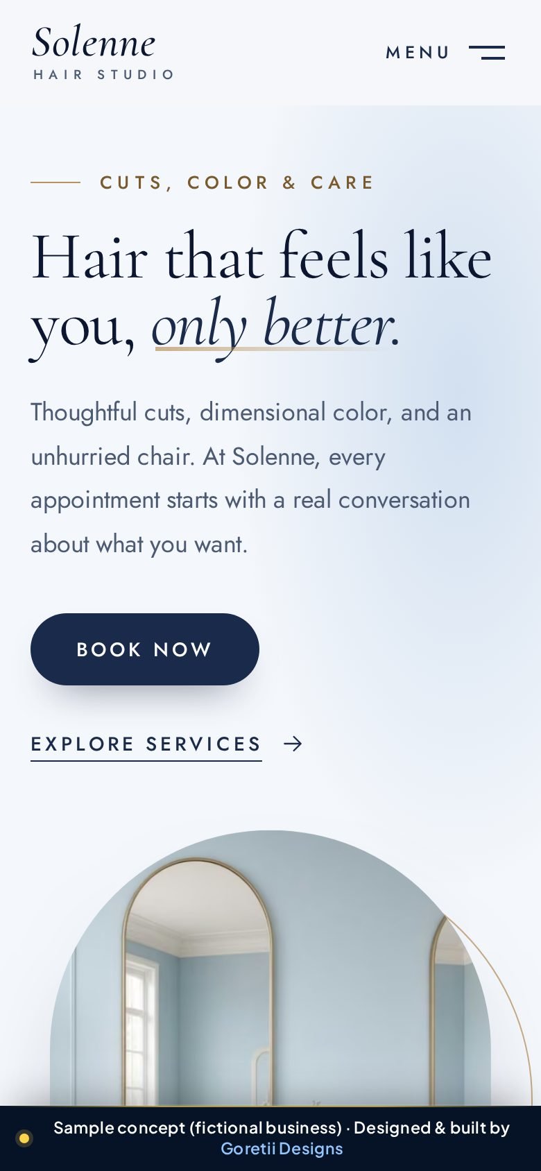 Mobile homepage of Solenne Hair Studio, a fictional hair salon, sample concept by Goretii Designs