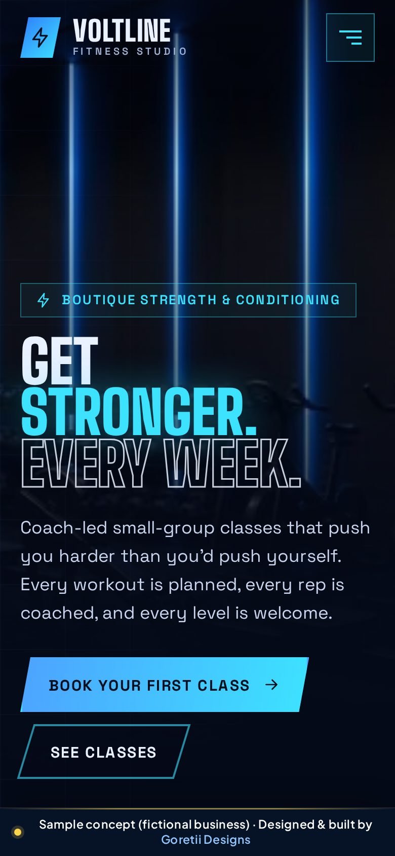 Mobile homepage of Voltline Fitness Studio, a fictional fitness studio, sample concept by Goretii Designs
